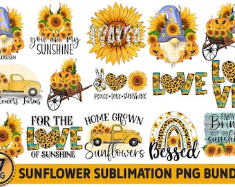 Puede incluir: Un conjunto de 17 diseños digitales de sublimación con girasoles, calabazas, gnomos, camiones y otros elementos de temática otoñal. Los diseños incluyen frases como "You are my sunshine", "Peace, Love, Sunshine", "Home Grown Sunflowers", y "Always Bring Your Own Sunshine".