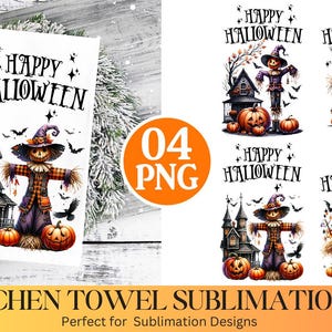 Puede incluir: Cuatro ilustraciones digitales de una escena de Halloween espeluznante con un espantapájaros, una casa encantada, calabazas y el texto "Happy Halloween".