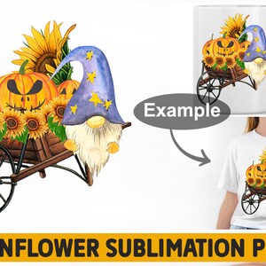 May include: A watercolor illustration of a gnome wearing a blue hat with stars pushing a wheelbarrow full of pumpkins and sunflowers. The pumpkins have carved faces.