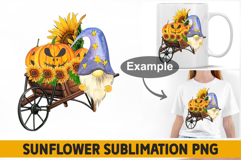 May include: A watercolor illustration of a gnome wearing a blue hat with stars pushing a wheelbarrow full of pumpkins and sunflowers. The pumpkins have carved faces.