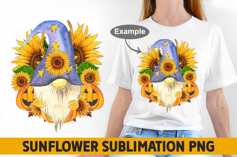 May include: A watercolor illustration of a gnome wearing a blue hat with stars and holding a sunflower. The gnome is surrounded by sunflowers, pumpkins, and leaves. The image is labeled "Sunflower Sublimation PNG".