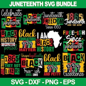 Può includere: Un design grafico nero con elementi di testo in verde, rosso, giallo e bianco, che celebra il Juneteenth. Il design include frasi come "Libertà dal 1865" e "Mese della storia dei neri". L'immagine include anche la silhouette del continente africano.