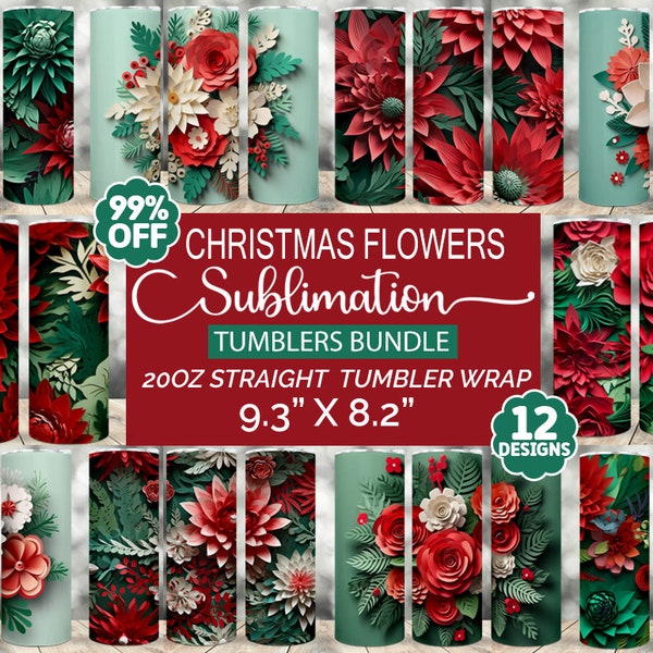 12 3D Christmas Flowers Wrap Tumbler Bundle, Christmas tumbler bundle, Floral tumbler bundle, 3D Christmas tumbler, Digital files