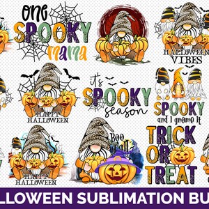 May include: A set of 14 Halloween sublimation designs featuring gnomes, skulls, pumpkins, and spooky sayings. The designs are in a variety of colours, including black, orange, green, and purple.