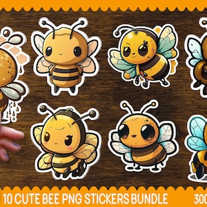 Puede incluir: Diez pegatinas de abejas de dibujos animados lindas con diferentes expresiones y poses. Las abejas son amarillas y negras con rayas marrones y tienen ojos grandes. Algunas abeilles tienen alas, mientras que otras tienen miel goteando de sus cuerpos. Las pegatinas están sobre un fondo de madera.
