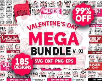 Op de afbeelding: Een collage van 185 Valentijnsdagontwerpen in een megabundle. De ontwerpen bevatten verschillende zinnen en afbeeldingen die gerelateerd zijn aan Valentijnsdag, zoals "Love Made Me", "Cupid's Little Helper", "My First Valentine's Day" en "Best Boyfriend Ever". De ontwerpen zijn beschikbaar in de formaten SVG, DXF, PNG en EPS.