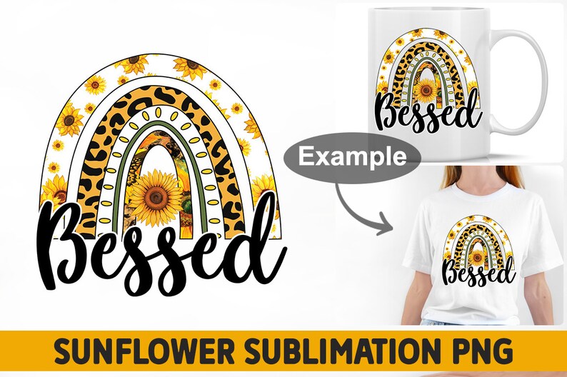 May include: A sublimation design featuring a rainbow made of leopard print and sunflowers with the word "Blessed" in black text.