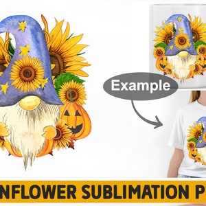May include: A blue and purple gnome wearing a pointed hat with stars, surrounded by sunflowers and pumpkins. The gnome has a white beard and is holding a pumpkin in its hand. This is a digital download for sublimation.