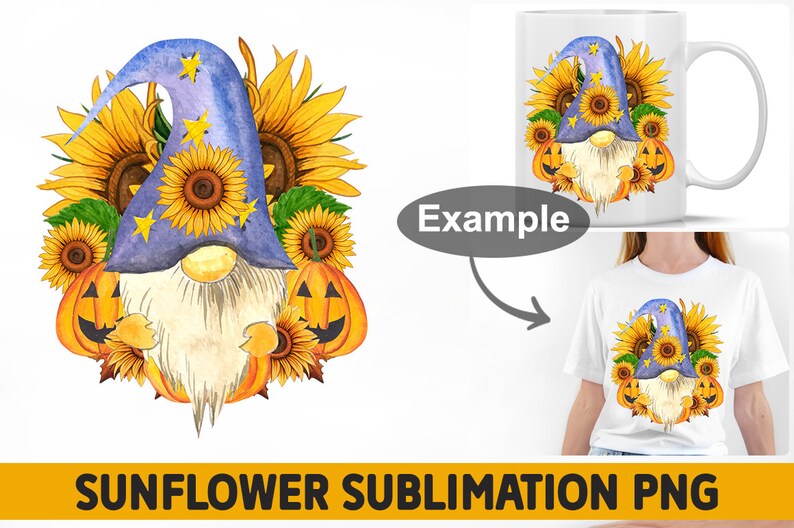 May include: A blue and purple gnome wearing a pointed hat with stars, surrounded by sunflowers and pumpkins. The gnome has a white beard and is holding a pumpkin in its hand. This is a digital download for sublimation.