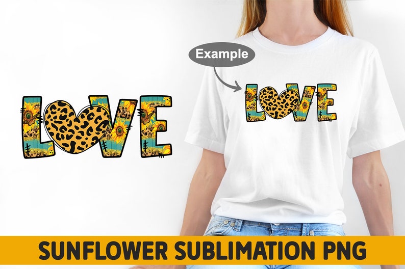 May include: A sublimation design featuring the word "LOVE" with a leopard print heart in the center. The letters are decorated with a sunflower and turquoise pattern. This design is perfect for creating custom apparel, mugs, and other items.