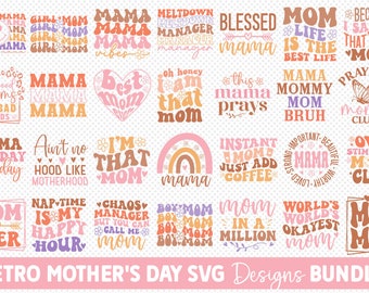 May include: A collection of 20 retro-style Mother's Day SVG designs. The designs feature various phrases and illustrations related to motherhood, such as "Mama", "Mom", "Best Mom", "I'm That Mom", "Instant Mom", "World's Okayest Mom", and "Boy Mom". The designs are in a variety of colors, including pink, orange, brown, and yellow.