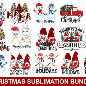 May include: A set of 15 Christmas sublimation designs featuring gnomes, snowmen, llamas, a highland cow, and a red truck. The designs are in a red and black buffalo plaid pattern with leopard print accents. The designs include text such as "Merry Christmas", "Happy Holidays", and "Naughty and I Gnome It".