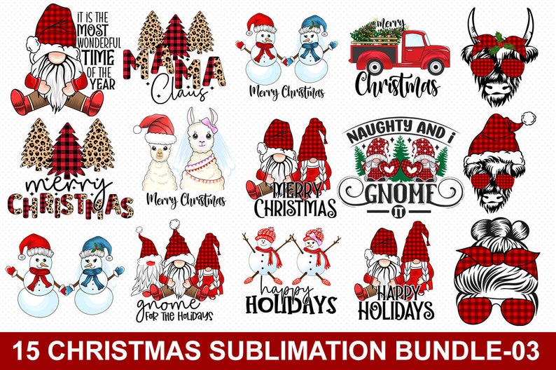 May include: A set of 15 Christmas sublimation designs featuring gnomes, snowmen, llamas, a highland cow, and a red truck. The designs are in a red and black buffalo plaid pattern with leopard print accents. The designs include text such as "Merry Christmas", "Happy Holidays", and "Naughty and I Gnome It".