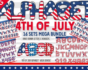 4th Of July Alphabet  Mega Bundle, Flag Alphabet,Patriotic Doodle Alphabet Bundle, 4th of July PNG,Red White Blue Sublimation, Flag Alphabet