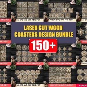 Pode incluir: Uma colagem digital de mais de 150 designs de  coasters de madeira cortados a laser. Os designs são intrincados e geométricos, com uma variedade de padrões e formas. Os designs estão disponíveis nos formatos AI, EPS, SVG, DXF, PNG e PDF.