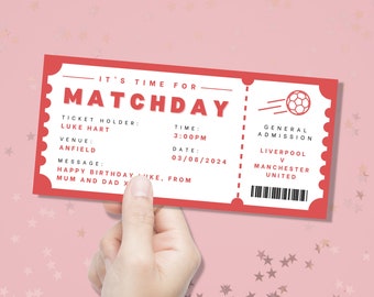 Personalised Football Matchday Ticket - Customise For Him or Her - Surprise Gift Ticket Birthday Christmas Gift - Football Game - Any Team