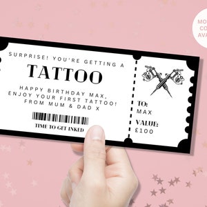 Cupón de tatuaje personalizado falso - Personalízalo para él o ella - Boleto de regalo sorpresa para cumpleaños o Navidad - Regalo de tatuaje - Hazte un tatuaje
