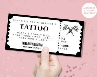 Personalised Tattoo Fake Voucher Ticket - Customise For Him or Her - Surprise Gift Ticket Birthday Christmas Gift - Tattoo Gift - Get Inked