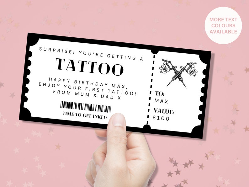 Personalised Tattoo Fake Voucher Ticket Customise For Him or Her Surprise Gift Ticket Birthday Christmas Gift Tattoo Gift Get Inked image 1