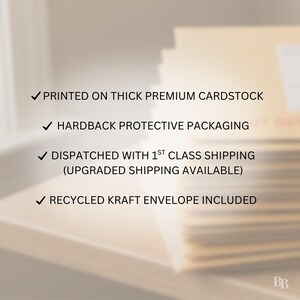 May include: A pile of cream-coloured cards with text that reads: "PRINTED ON THICK PREMIUM CARDSTOCK", "HARDBACK PROTECTIVE PACKAGING", "DISPATCHED WITH 1ST CLASS SHIPPING", and "RECYCLED KRAFT ENVELOPE INCLUDED".
