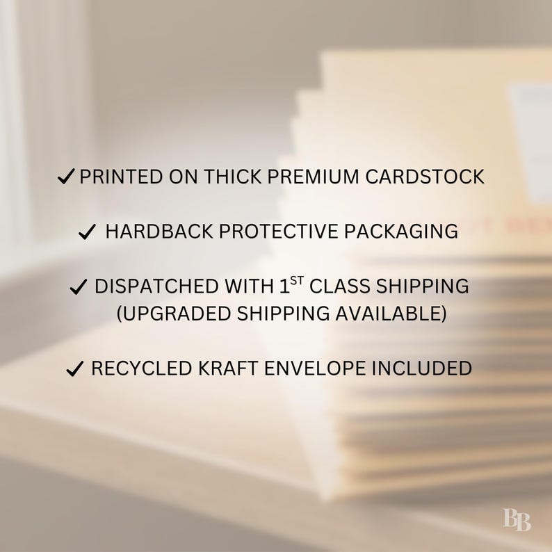 May include: A pile of cream-coloured cards with text that reads: "PRINTED ON THICK PREMIUM CARDSTOCK", "HARDBACK PROTECTIVE PACKAGING", "DISPATCHED WITH 1ST CLASS SHIPPING", and "RECYCLED KRAFT ENVELOPE INCLUDED".