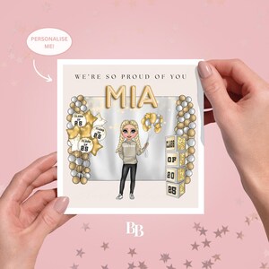 Tarjeta personalizada de fin de curso para niña, dorada y blanca (14,5 x 15 cm) / Clase de 2025 / Recuerdo de graduación / Tarjeta de nombre personalizada