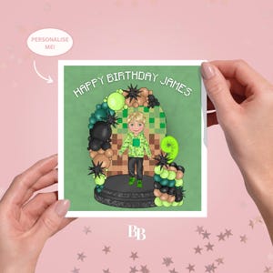 d'anniversaire personnalisée Pixel Gamer (14,5 x 15 cm) | Artisanat de construction écologique pour thème de jeu | Nom personnalisé et âge | Design inspiré du jeu vidéo