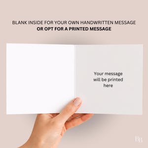May include: An open white greeting card, held by a hand, with text above stating options for a handwritten or printed message. The right side of the card has the text: "Your message will be printed here."