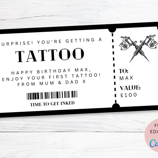 Bearbeitbare Tattoo Fake Geschenk Gutschein Ticket | Canva Template | Kundenspezifisches Ticket für Sie oder Ihn | Geburtstag/Weihnachtsgeschenk | Canva App