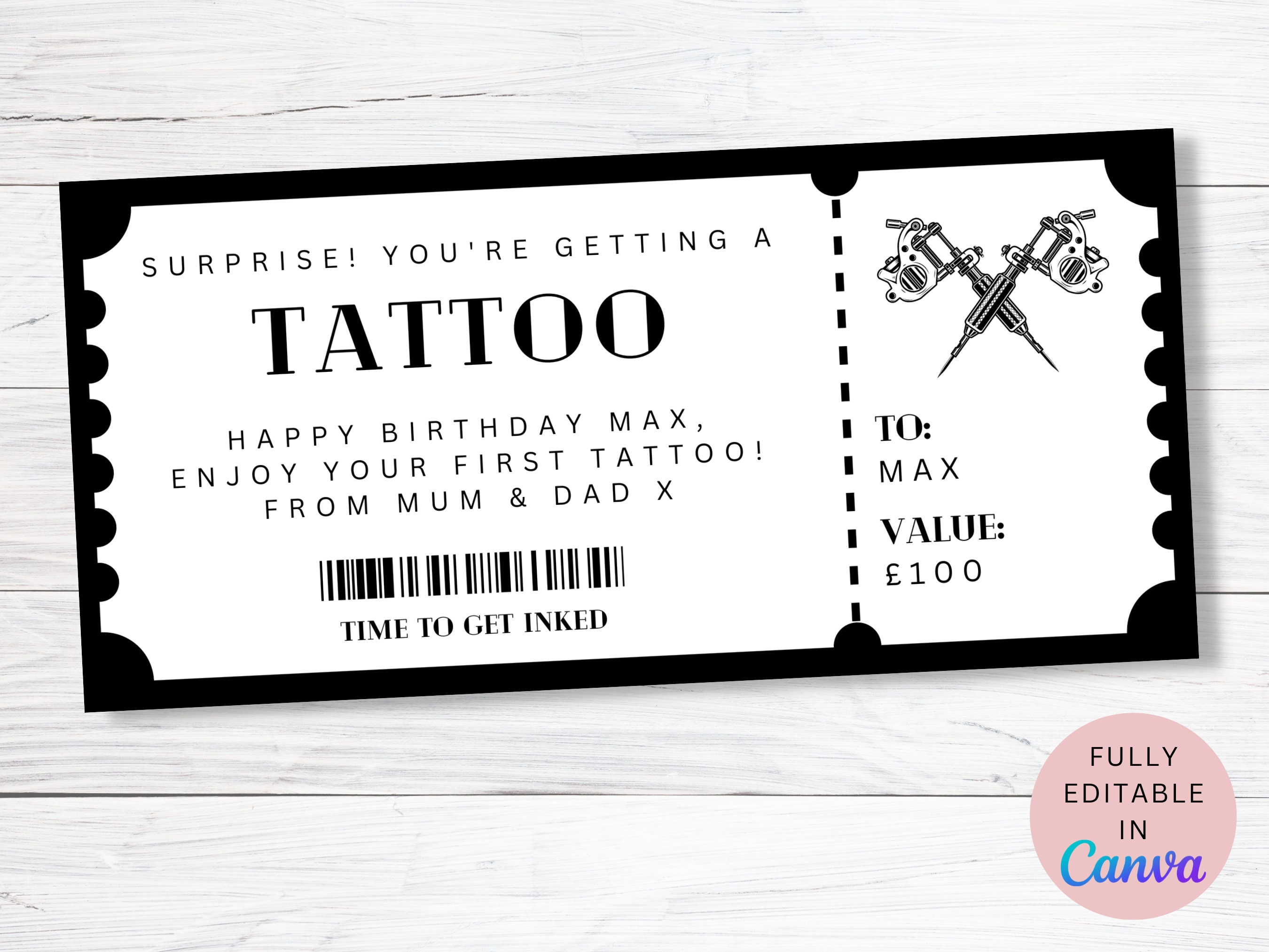 Vale Por Un Tatuaje Pdf Editable Tattoo Fake Gift Voucher Ticket Canva Template - Etsy España