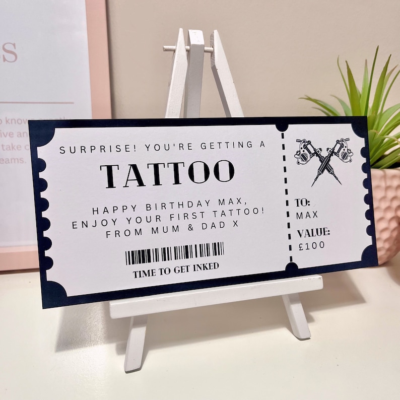 Personalised Tattoo Fake Voucher Ticket Customise For Him or Her Surprise Gift Ticket Birthday Christmas Gift Tattoo Gift Get Inked image 2