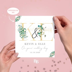 Carte de voeux personnalisée pour mariage, lettre initiale pour couple (14,5 x 15 cm) | Félicitations pour une occasion spéciale, motif eucalyptus doré personnalisable