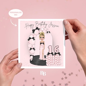 Tarjeta de felicitación personalizada de feliz cumpleaños con lazo rosa y negro (14,5 x 15 cm) / Tarjeta de nombre para una amiga de 21 a 18 años / Personalizable