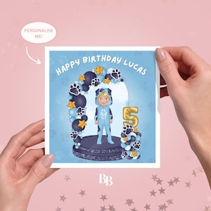Personalizowana kartka urodzinowa z motywem szczeniaka (14,5 x 15 cm) | Niebieskie balony z wizerunkiem psa | Wiek i imię na zamówienie | Dzieci Ulubiona postać dziecka Zainspirowany chłopcem