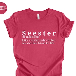May include: A heather raspberry t-shirt with white text that reads "Seester noun-[sé-ster] Like a sister, only cooler. see also: best friend for life."