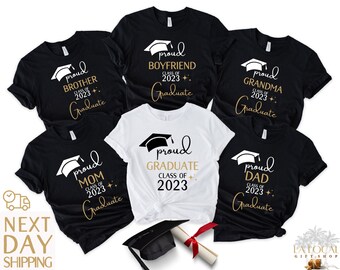 May include: Six black t-shirts with gold text and a white graduation cap design. The shirts say "Proud" followed by a family member title, "Class of 2023", and "Graduate". The titles are "Brother", "Mom", "Boyfriend", "Grandma", "Dad", and "Graduate".