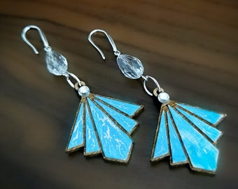 Turquoise Art Deco style earrings and aged, on wood cut and laser engraved