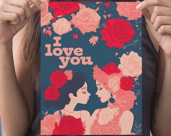 I love you - Roses and Romance - Valentines Day card (digital print)