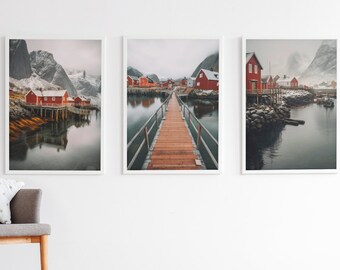 3 Lofoten Islands Poster in Winter, Red Houses, Wall Art, digital download, printable, different ratios, eco-friendly, print at home, Norway