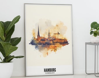 Hamburg City Skyline Wall Art, Germany, Travel Poster of Hamburg, Watercolor Painting of Hamburg, Wallpaper, digital download, 5 ratios