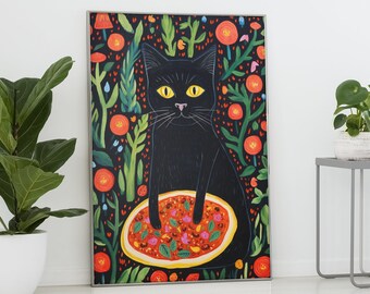 Black Cat with Pizza, Flash Art, Wall Art, digital download, printable, different ratios, eco-friendly, print at home, Food Lover, Painting