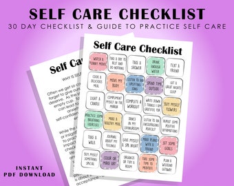 May include: A printable self-care checklist with 30 daily activities to help you practice self-care. The checklist is divided into squares with different colors and activities written in black text. The title of the checklist is "Self Care Checklist" and the subtitle is "30 Day Checklist & Guide to Practice Self Care".