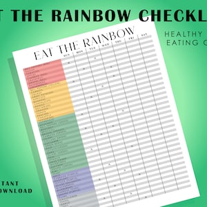 Coma la lista de verificación del arco iris imprimible, tabla de alimentos saludables, rastreador de nutrición de frutas y verduras, desafío semanal, descarga instantánea A4/Carta