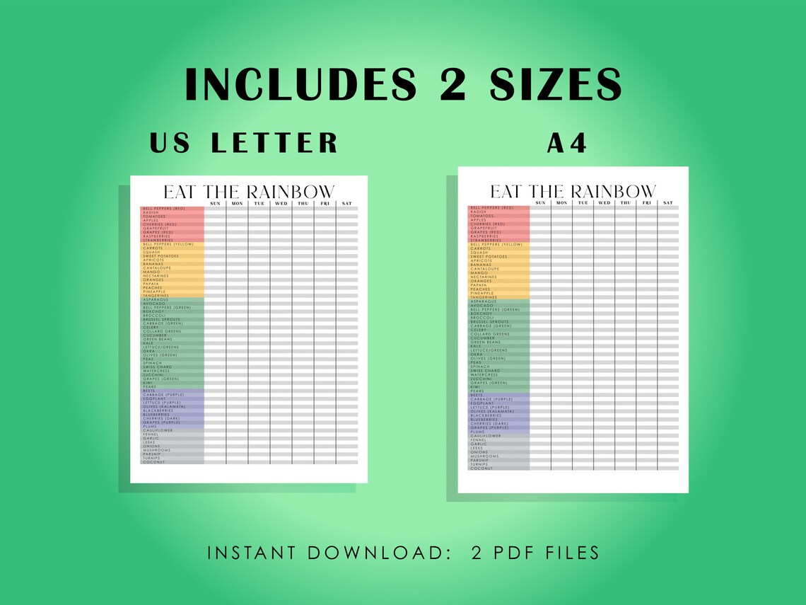 Eat the Rainbow Checklist Printable, Healthy Food Chart, Fruit and Vegetable Nutrition Tracker ...