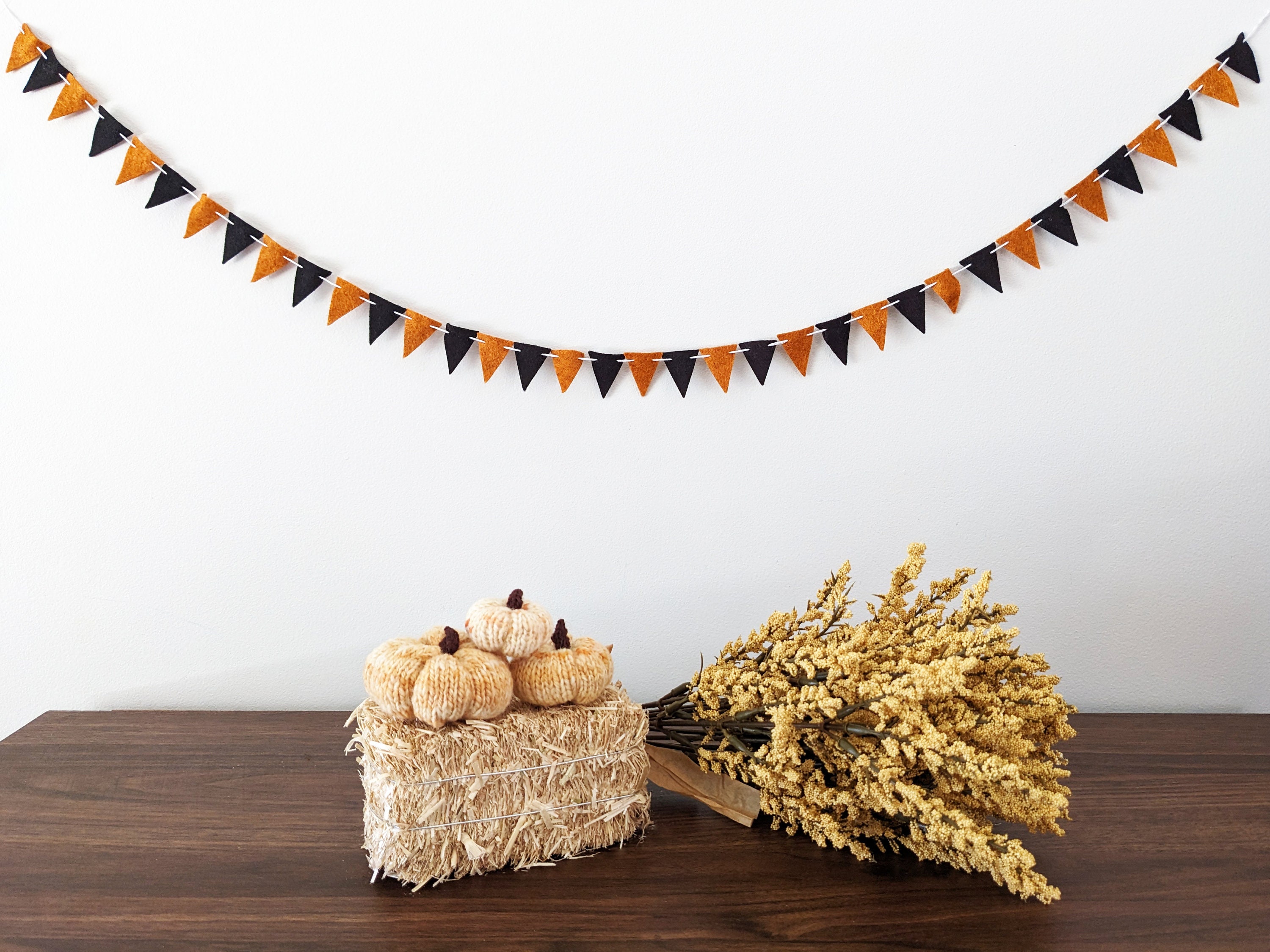 Wool Felt Triangle Flag Banner: Orange & Black Halloween Garland
