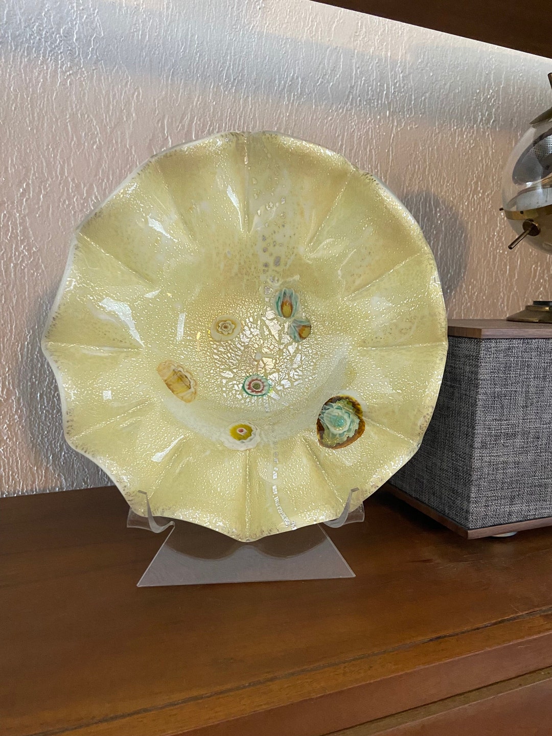 Vintage Murano Glass Fluted Bowl, Mile Flore Design on Canary Yellow