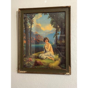 Antique vintage Framed lithograph  Print - Woman Sitting In Nature -R Atkinson Fox, art deco