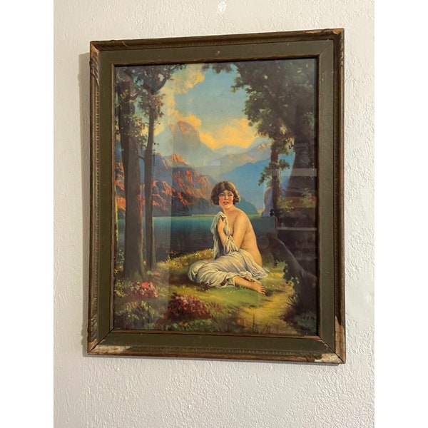 Antique vintage Framed lithograph  Print - Woman Sitting In Nature -R Atkinson Fox, art deco
