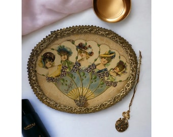 Vintage Vanity Tray  White Gold Gilt Oval Ormolu Filigree Victorian Fan Insert