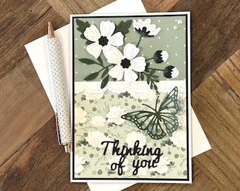 Handmade floral thinking of you card, pretty 3D card for her; customizable, card is full size (5 X 7)